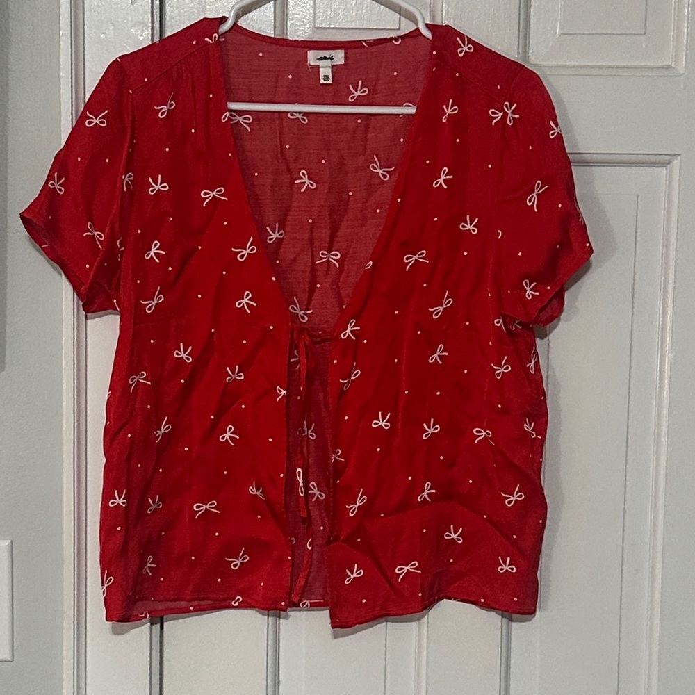 Aerie red and white bow satin tie front pajama top size medium